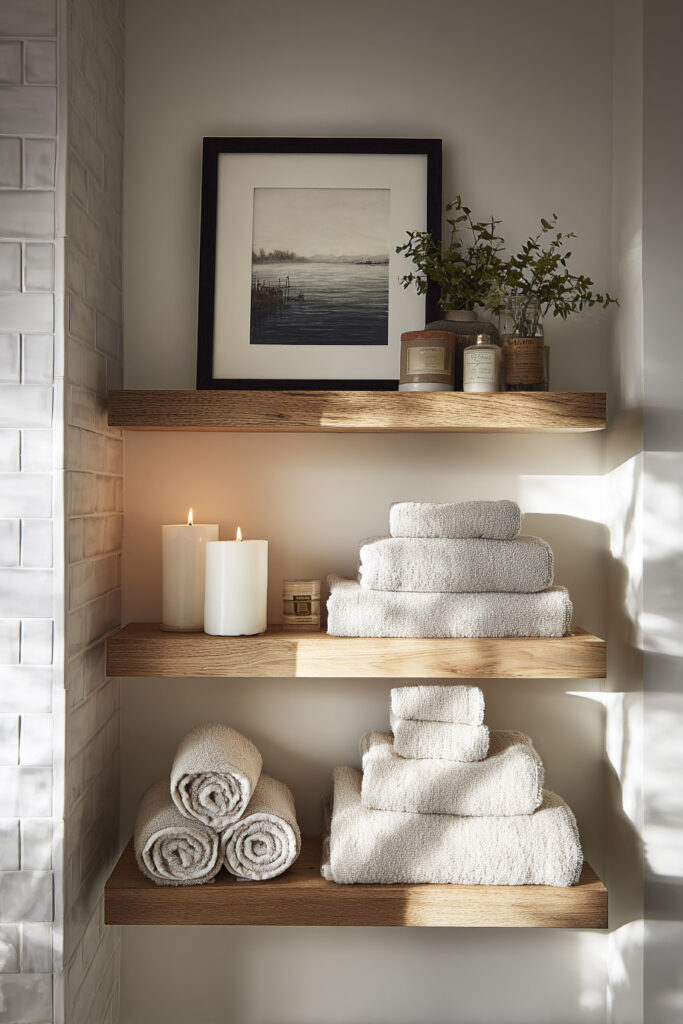 Floating wood shelves styled with rolled towels, white candles, greenery in a jar, and framed wall art for a spa-like bathroom vibe.