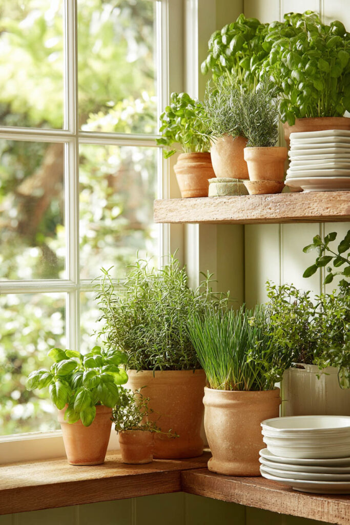 Terracotta potted herbs and greenery styled on rustic wood shelves near a bright window, adding height and texture to shelf decor.