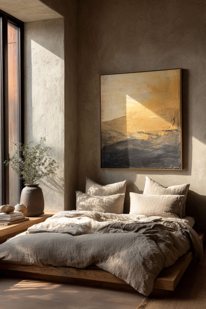 Neutral minimalist bedroom with textured plaster walls, a low wood platform bed dressed in soft linen bedding, and a large abstract artwork in warm ochre and charcoal tones above the bed.