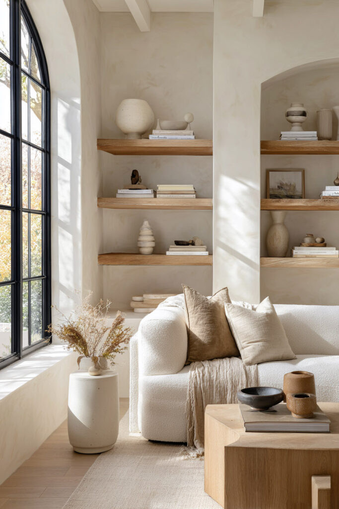 Neutral-toned living room with natural wood floating shelves styled with stacked books and minimalist ceramics, paired with a boucle sofa and earthy accents.