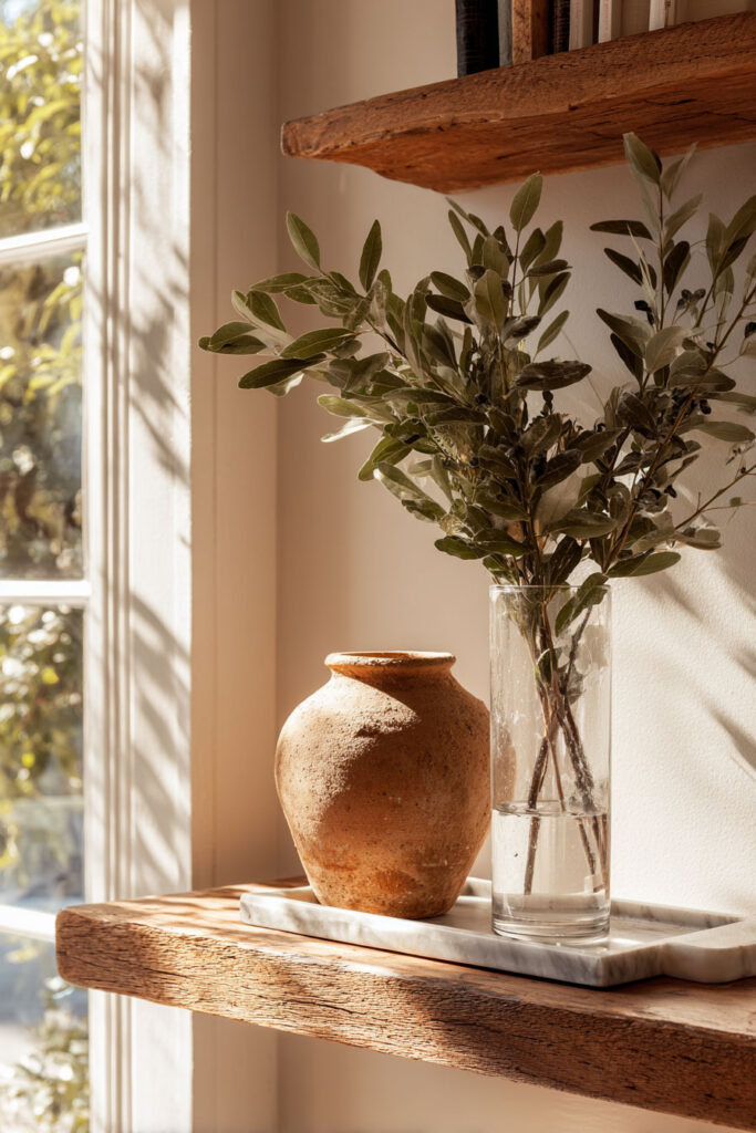 Close-up of a rustic wood floating shelf near a window, styled with a terracotta vase and a glass vase holding greenery on a marble tray.