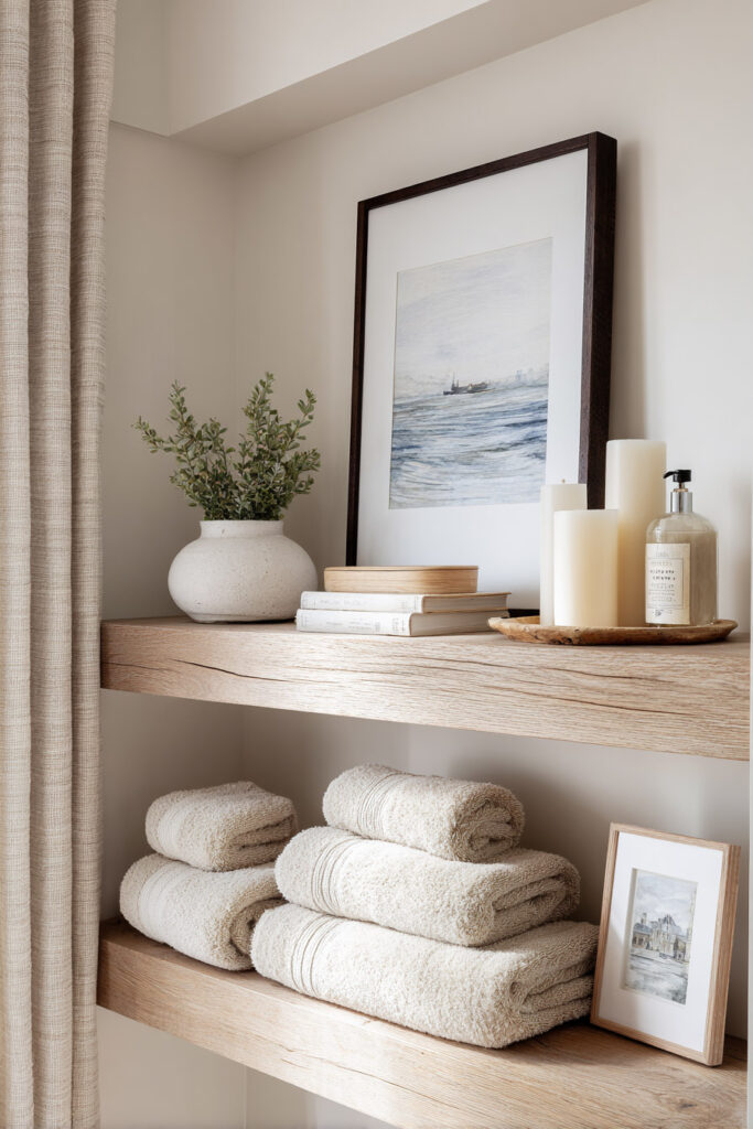 Light wood bathroom shelves styled with rolled towels, stacked books, white candles, greenery, and coastal framed art.