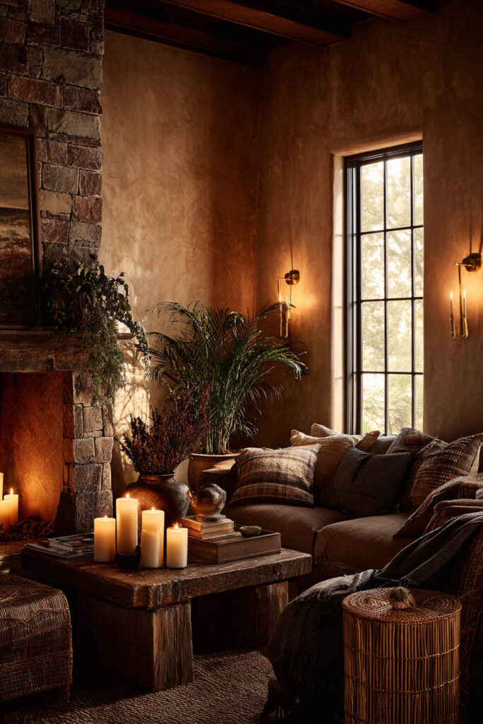 Warm and inviting living room with a stone fireplace, rustic wood coffee table adorned with glowing candles, plaid pillows on a deep sofa, and a large window letting in soft golden light.