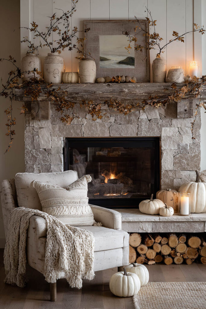 Cozy fall living room featuring a rustic stone fireplace decorated with white pumpkins, dried autumn branches, and neutral ceramic vases on a wooden mantel, paired with a cream armchair and chunky knit throw.