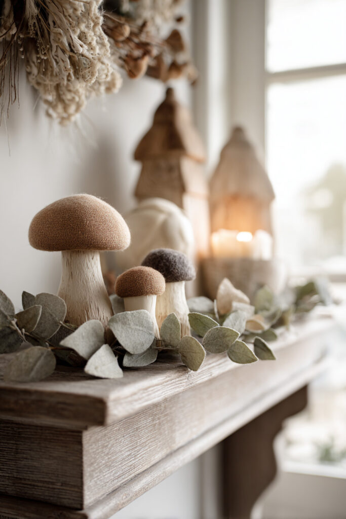Neutral fall mantel with soft fabric mushrooms in earthy tones, faux eucalyptus garland, and wooden accents, softly lit by natural light from a nearby window.