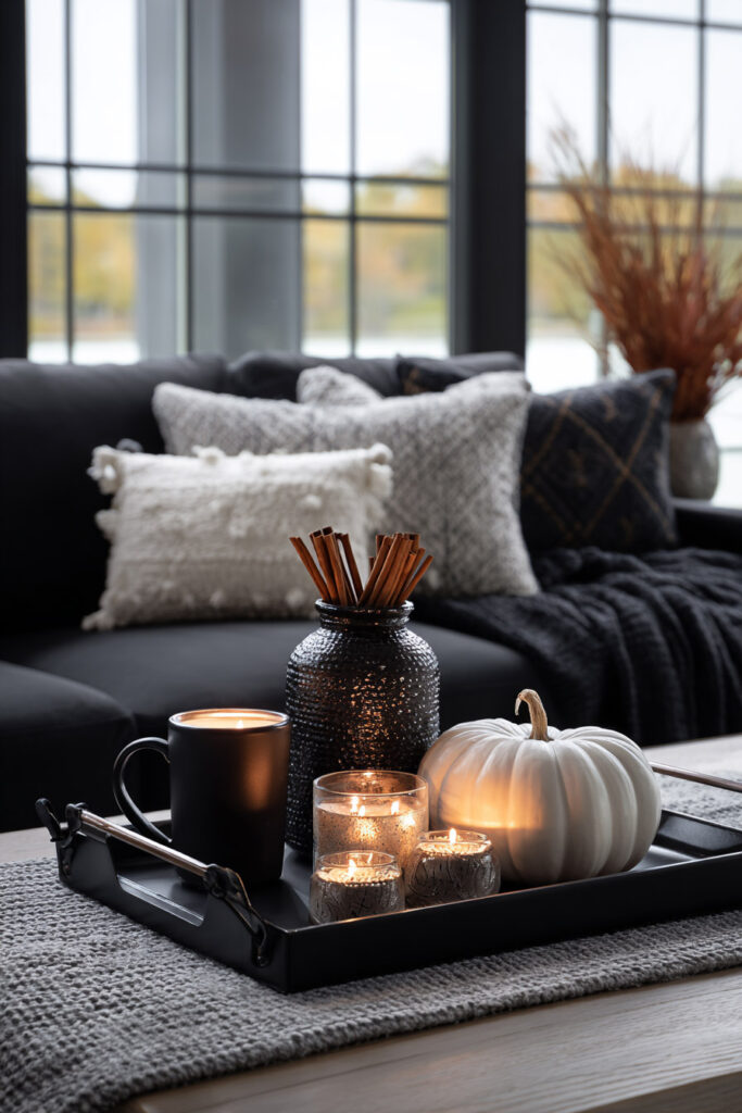 Fall living room coffee table decorated with a black tray holding lit candles, a matte black mug, a textured black vase filled with cinnamon sticks, and a white pumpkin, set in front of a dark sofa with layered pillows and a knit throw, framed by large windows with autumn foliage outside.