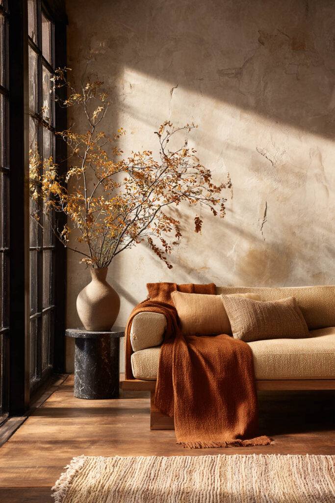 Small fall living room with a textured cream sofa, rust-colored throw blanket, warm-toned pillows, and a tall vase of autumn branches beside a black marble side table, set against a rustic plaster wall.