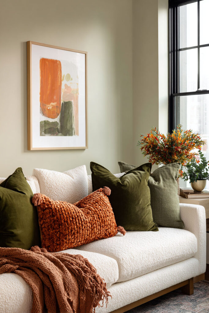 Fall living room decor with a white textured sofa styled with deep green velvet pillows, a burnt orange textured lumbar pillow, a rust knit throw, and autumn floral arrangement near a black-framed window.