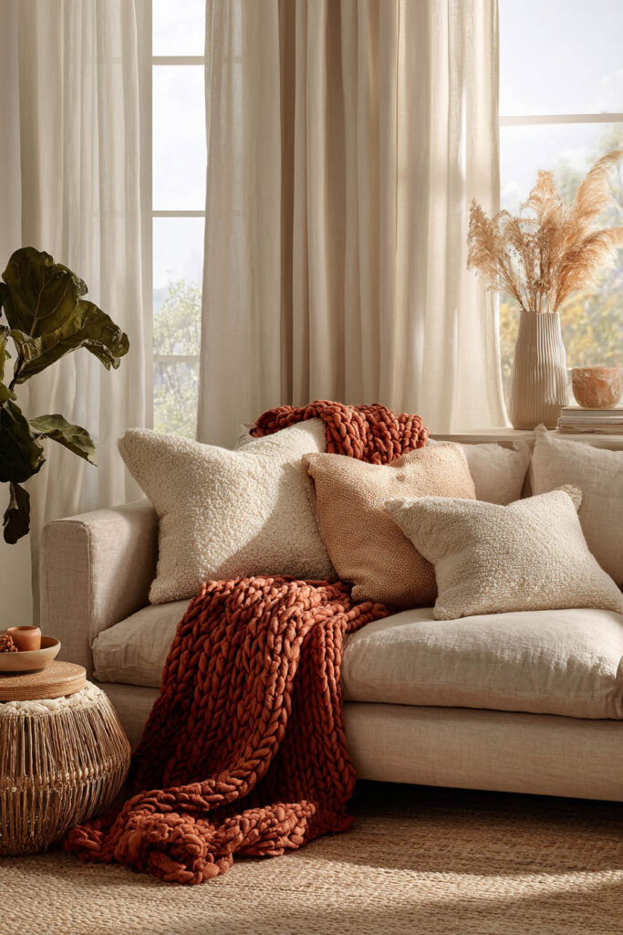 Neutral-toned fall living room with a beige linen sofa styled with textured throw pillows in cream and caramel, draped with a chunky rust-colored knit blanket, rattan side table with ceramic decor, and pampas grass in a vase by a sunlit window.