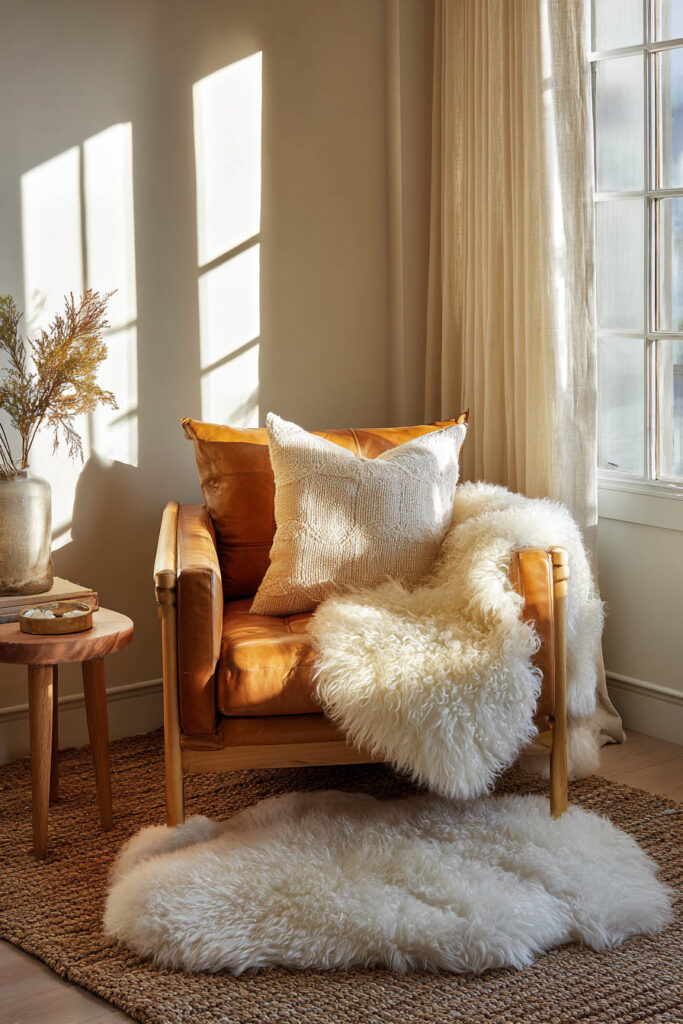 Fall living room reading nook with a caramel leather chair, chunky knit pillow, white sheepskin throw and rug, set on a natural woven jute rug in soft golden afternoon light.