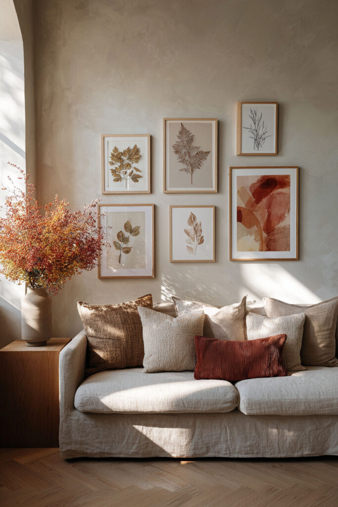 Neutral-toned fall living room featuring a gallery wall of seasonal botanical prints, a linen sofa with warm-toned throw pillows, and a tall vase of autumn branches in the sunlight.