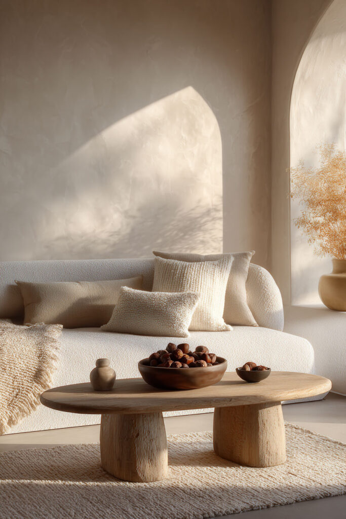 Neutral fall living room with a cream textured sofa, layered beige pillows, a rustic wood coffee table topped with bowls of chestnuts, and soft autumn light streaming through an arched window.
