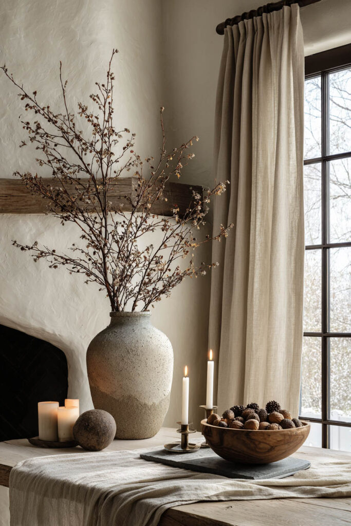Rustic fall living room table styled with a large ceramic vase of bare branches, pillar and taper candles, and a wooden bowl filled with pinecones and nuts, set beside a window with linen curtains.