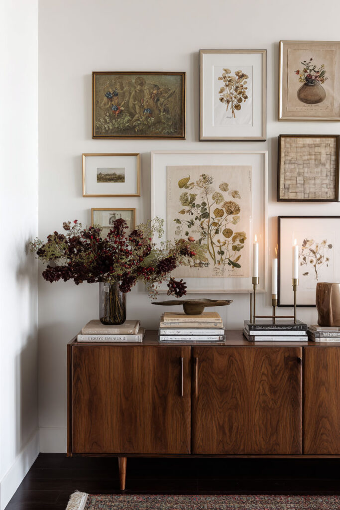 Elegant fall living room featuring a gallery wall of vintage botanical prints above a mid-century wood sideboard, styled with a dark floral arrangement, stacked books, and brass candlesticks.