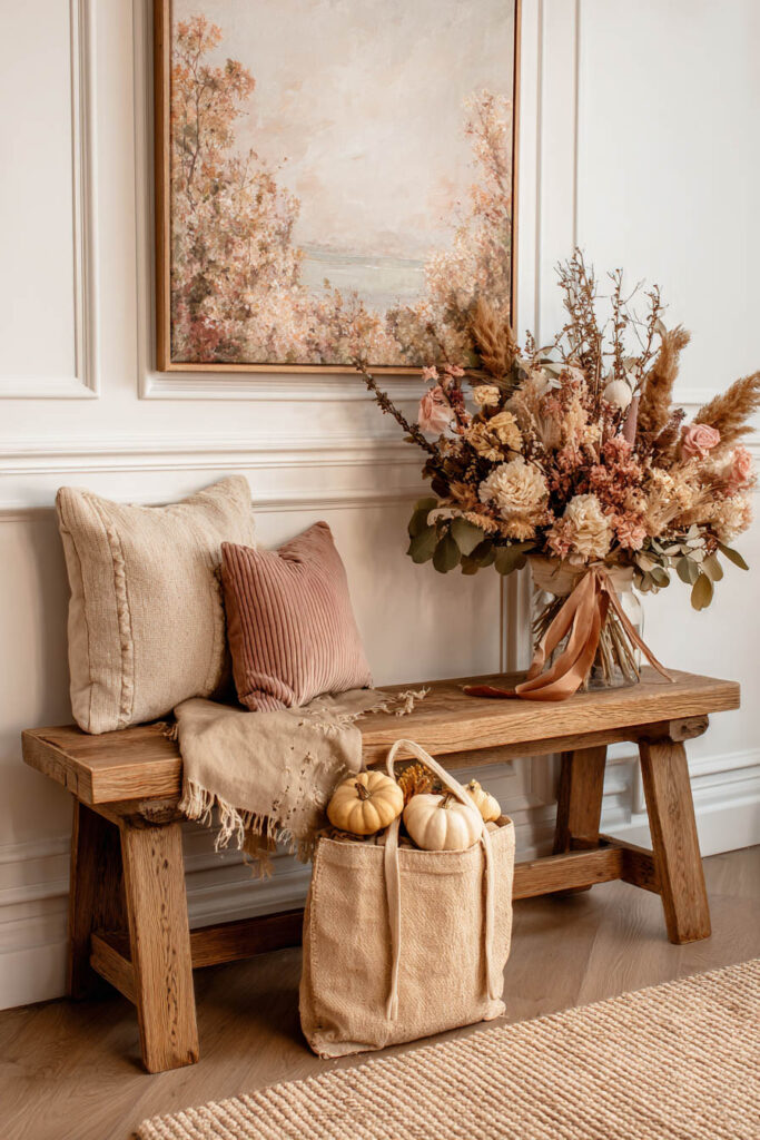 Rustic wooden bench styled with neutral and rust-toned pillows, a draped linen throw, a large vase of dried fall flowers with ribbon, and a textured tote filled with small pumpkins, set beneath a soft autumn landscape painting.