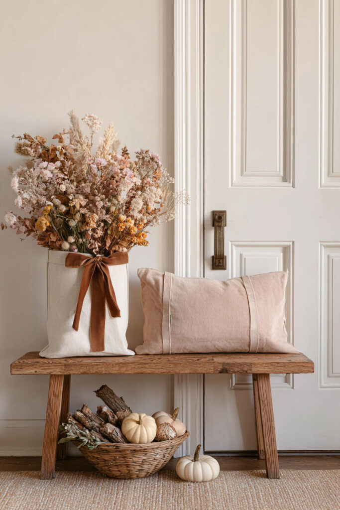 Neutral wooden bench styled for fall with a soft blush pillow, a canvas tote filled with dried flowers tied with a rust velvet ribbon, and a woven basket of mini pumpkins and firewood beneath.