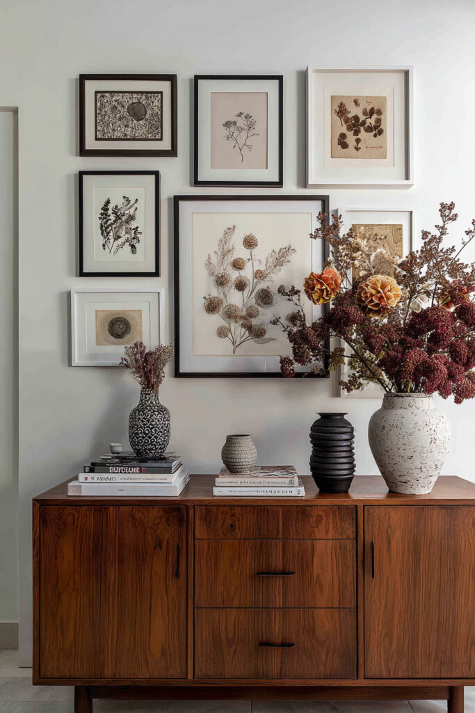 Fall living room with a vintage botanical gallery wall above a mid-century wood sideboard, styled with ceramic vases, autumn floral arrangements, and stacked coffee table books.