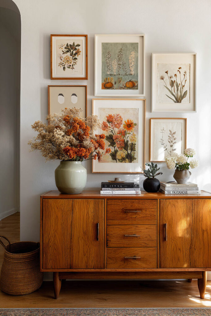 Fall living room featuring a mid-century wood sideboard styled with an autumn botanical gallery wall, a green ceramic vase with orange and cream dried flowers, and stacked coffee table books.