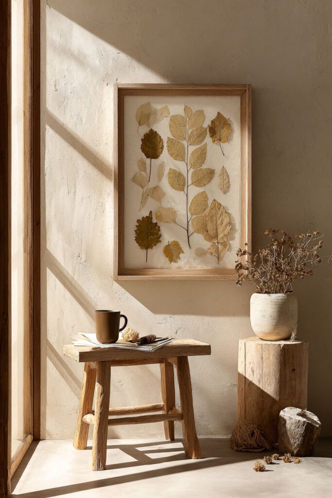Minimal fall living room corner with framed pressed leaf art, a rustic wooden stool topped with a mug and papers, and a ceramic vase filled with dried stems, bathed in warm natural sunlight.