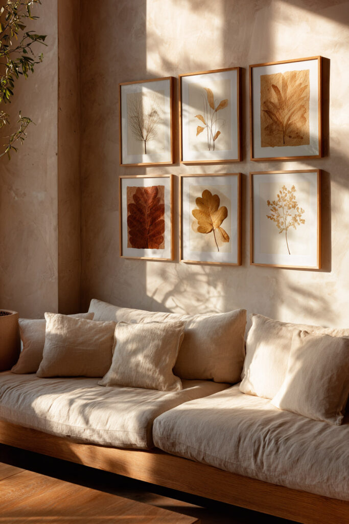 Fall living room with a minimalist gallery wall of pressed leaf prints in warm autumn hues, displayed above a low linen sofa in soft natural light.