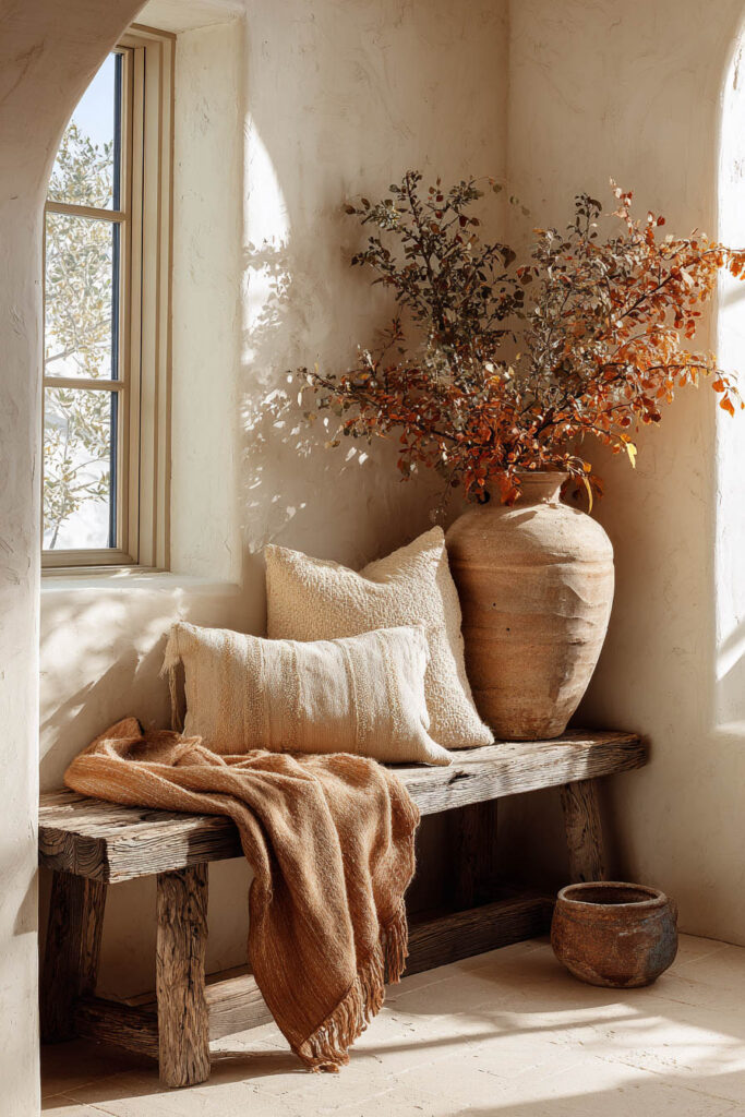 Rustic wooden bench by a window styled with cream textured pillows, a burnt orange throw blanket, and a large ceramic vase filled with autumn branches in warm, earthy tones.