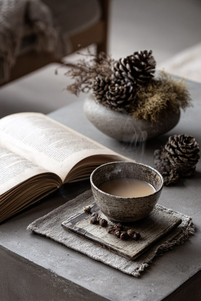 Fall living room coffee table featuring a rustic ceramic mug filled with a steaming warm drink, placed on a linen napkin with small dried berries, beside an open book and a stone bowl filled with pinecones and moss, creating a cozy autumn atmosphere.