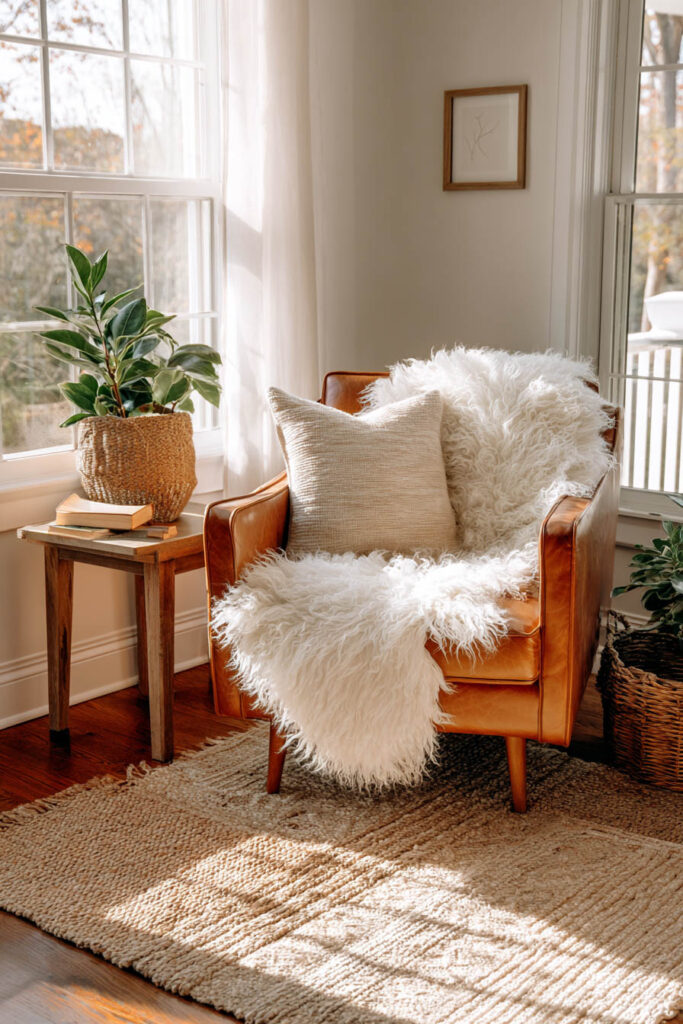 Fall living room reading nook with a caramel leather armchair, soft textured pillow, white sheepskin throw, and woven jute rug, styled beside a wood side table with a potted plant in warm afternoon light.