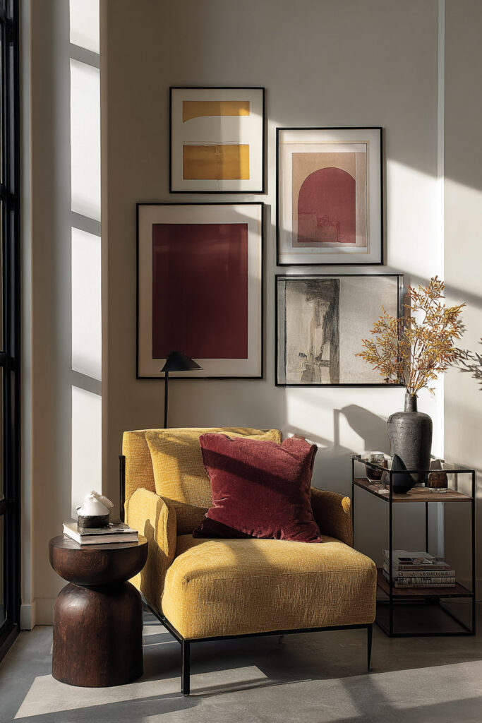 Modern fall living room corner featuring a mustard yellow armchair with a burgundy velvet pillow, dark wood side table, black metal console table with autumn branches in a charcoal vase, and a gallery wall of abstract art in warm red and gold tones.
