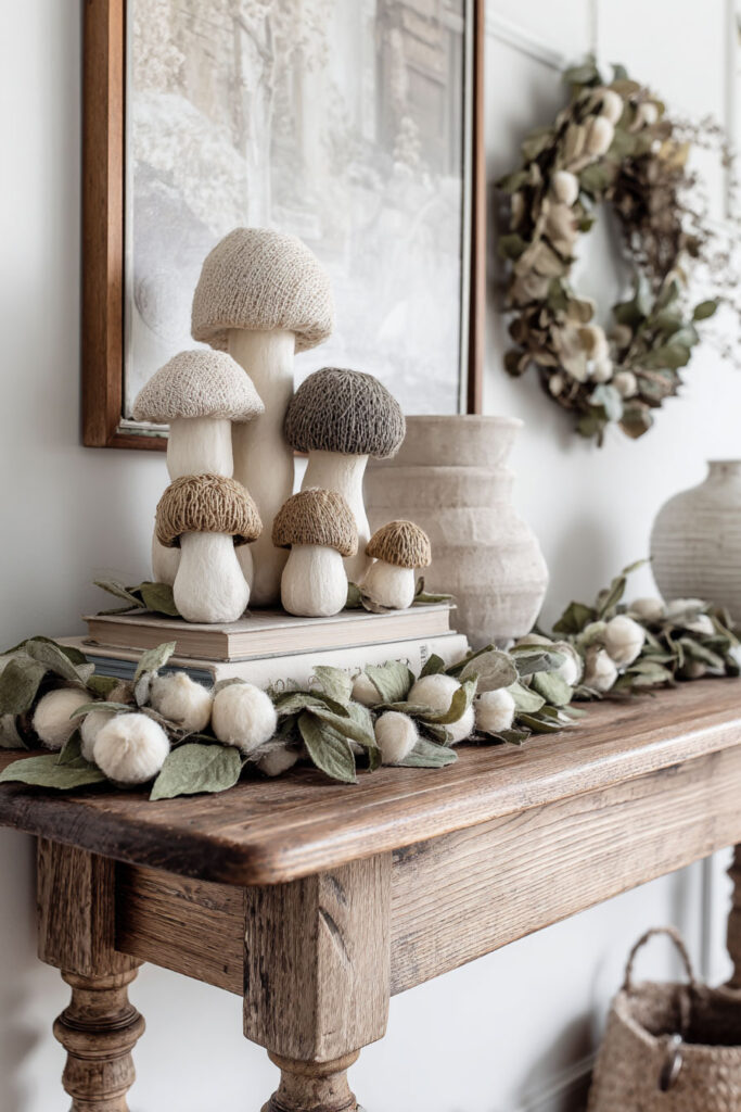 Rustic wooden console table decorated for fall with a cluster of neutral fabric mushrooms, a soft green leaf garland, ceramic vases, and a framed art piece in the background, styled in a cozy living room.