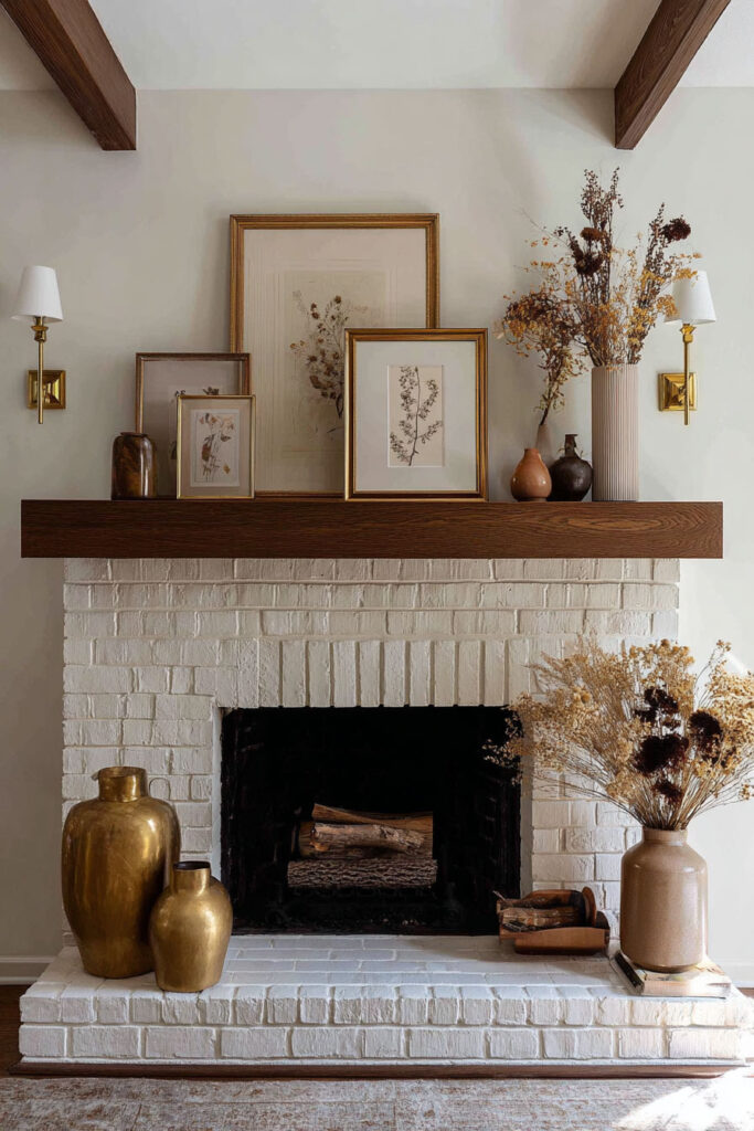 Elegant fall living room fireplace with a white-painted brick surround, warm wood mantel decorated with framed botanical art, gold vases, and tall arrangements of dried autumn flowers.