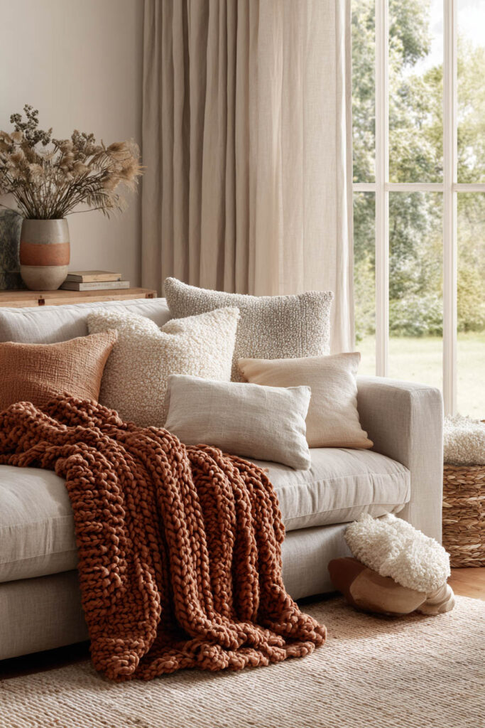 Neutral fall living room with a beige linen sofa styled with layered textured pillows in cream, taupe, and caramel, draped with a chunky rust-colored knit blanket, large vase of dried flowers on a wooden console, and natural light streaming through tall windows.