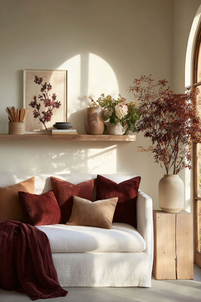 Fall living room with a white slipcovered sofa layered with burgundy and camel pillows, a matching burgundy throw, and a large vase of autumn branches beside a wooden block side table.
