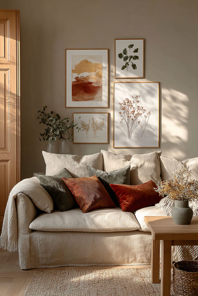 Cozy fall living room with a neutral linen sofa, velvet throw pillows in burnt orange and deep green, a gallery wall of earthy-toned prints, and natural light streaming across the space.