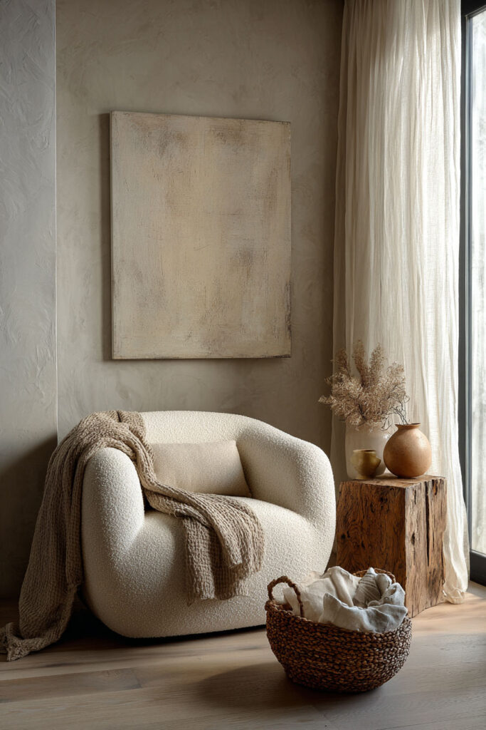 Cozy fall reading nook in a neutral living room featuring a boucle armchair with a taupe knit throw, rustic wooden side table with vases, and a woven basket of blankets beside sheer curtains.