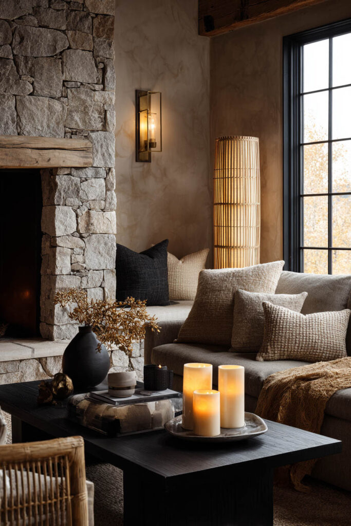 Neutral-toned living room featuring a stone fireplace, textured throw pillows, a black coffee table with glowing candles, and soft golden light streaming through a large window.