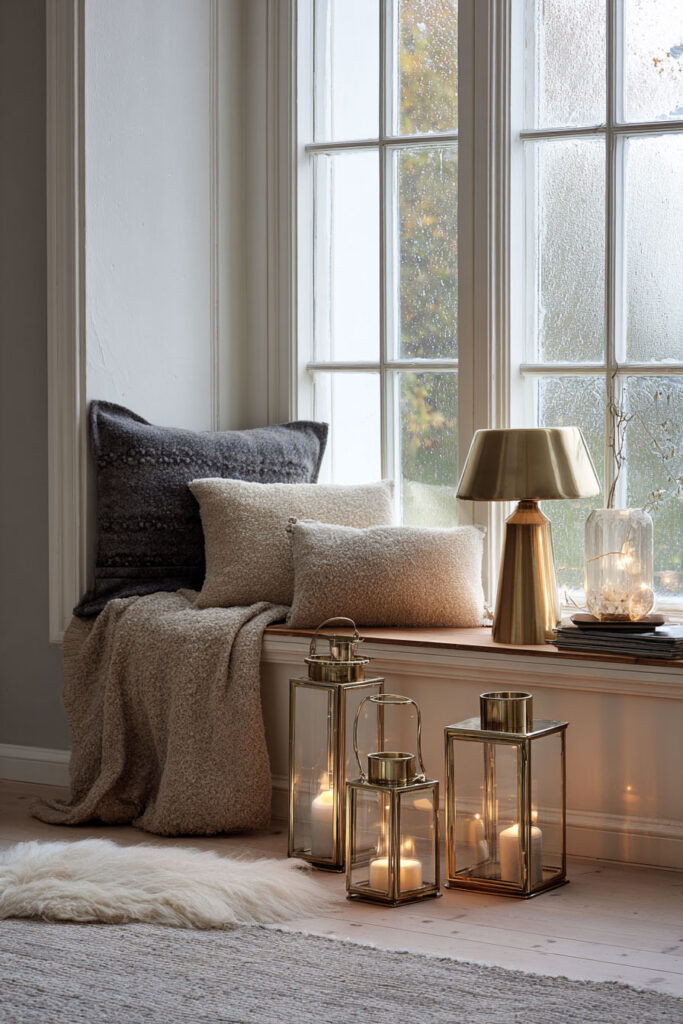 Window seat decorated with textured pillows, brass lanterns, and warm glowing candles for a cozy autumn look.