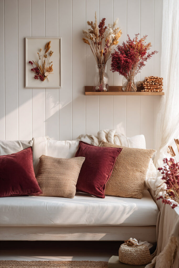 Cozy fall living room with a white sofa layered in burgundy velvet and tan textured pillows, accented by dried floral arrangements in glass vases and warm wood shelving.