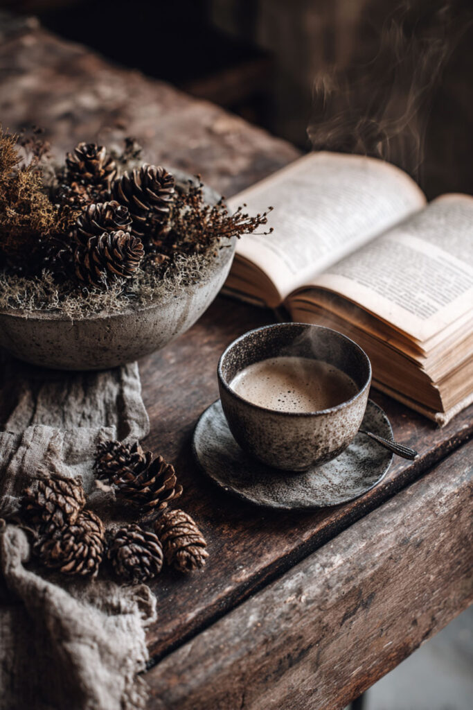 Rustic fall living room coffee table styled with a stone bowl filled with pinecones and moss, an open book, and a steaming cup of coffee in a textured ceramic cup and saucer, set on a weathered wooden surface with a soft linen cloth.