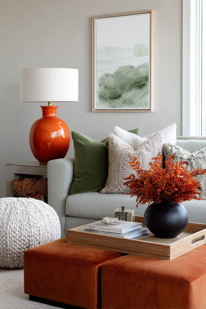 Cozy fall living room with a soft gray sofa styled with textured beige and green throw pillows, burnt orange velvet ottomans, an orange ceramic table lamp, and a black vase with orange autumn foliage on a wooden tray.