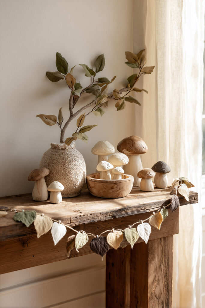 Rustic console table styled for fall with carved wooden mushrooms, a woven vase holding autumn branches, and a soft fabric leaf garland in earthy tones, bathed in warm natural light.