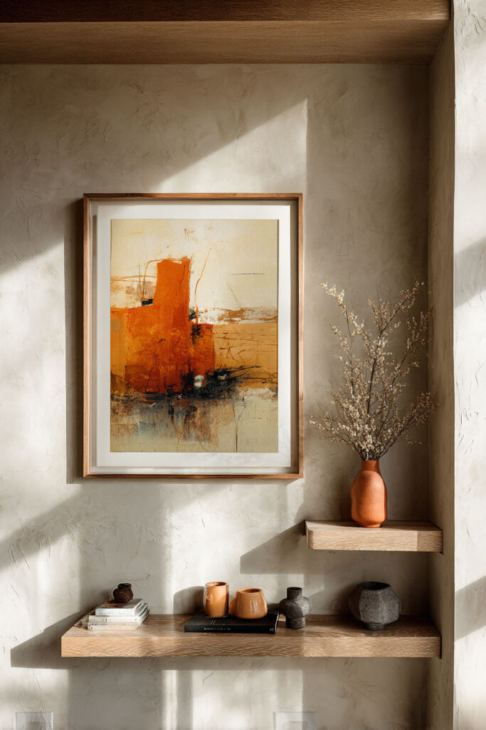 Neutral fall living room nook featuring a large framed abstract artwork in warm orange and beige, wooden floating shelves with autumn-hued vases, stacked books, and textured pottery.