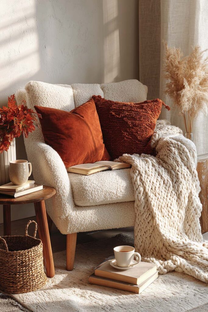 Inviting fall reading nook featuring a cream boucle armchair with rust velvet and textured pillows, draped with a thick ivory chunky knit blanket, styled with a side table holding a mug and books, pampas grass in a vase, and warm afternoon sunlight streaming in.
