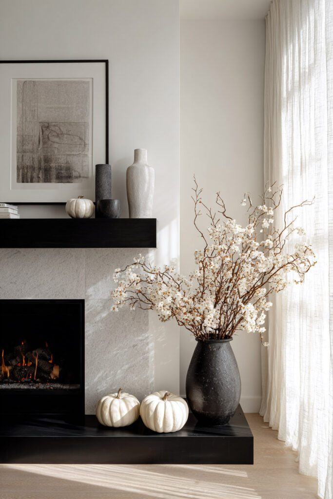 Minimalist fall living room fireplace decorated with white pumpkins, tall black and white vases, and a large black vase filled with flowering branches, accented by natural sunlight through sheer curtains.
