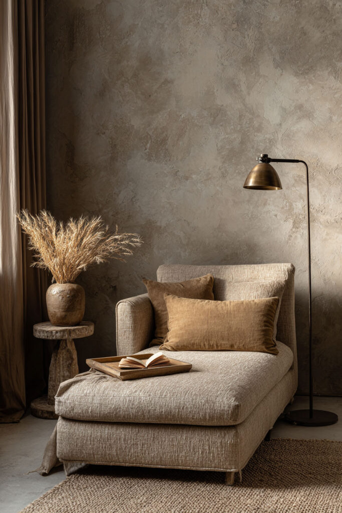 Cozy fall living room corner featuring a textured chaise lounge with golden velvet pillows, rustic wooden side table with a vase of dried grasses, and warm brass floor lamp against a textured wall.