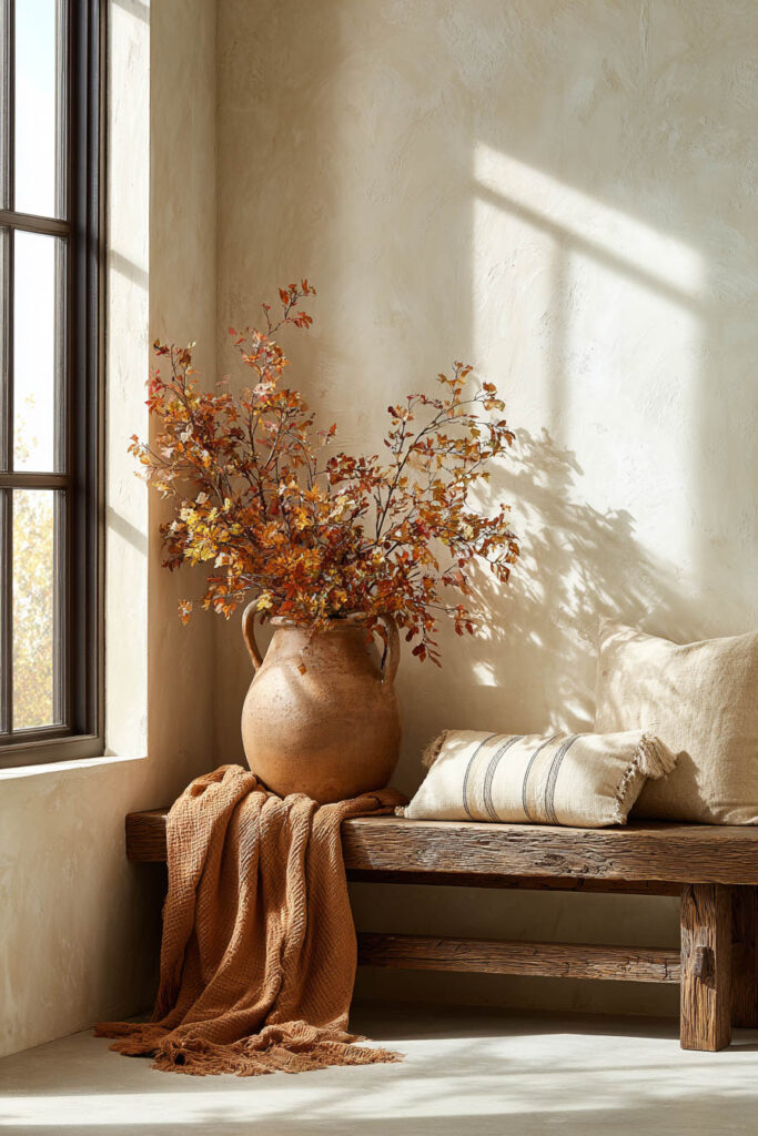 Rustic wooden bench by a sunlit window styled with neutral pillows, a burnt orange throw blanket, and a terracotta vase filled with golden and red autumn branches.