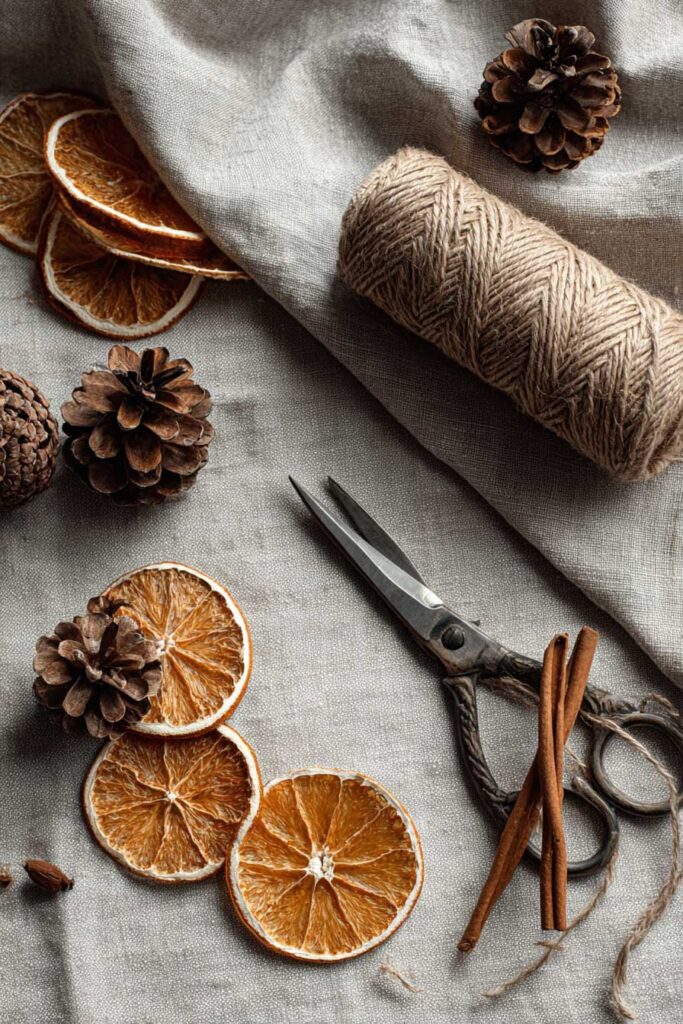  Flatlay of DIY fall garland materials including dried orange slices, pinecones, cinnamon sticks, twine, and vintage scissors on a neutral linen backdrop, perfect for rustic living room decor.