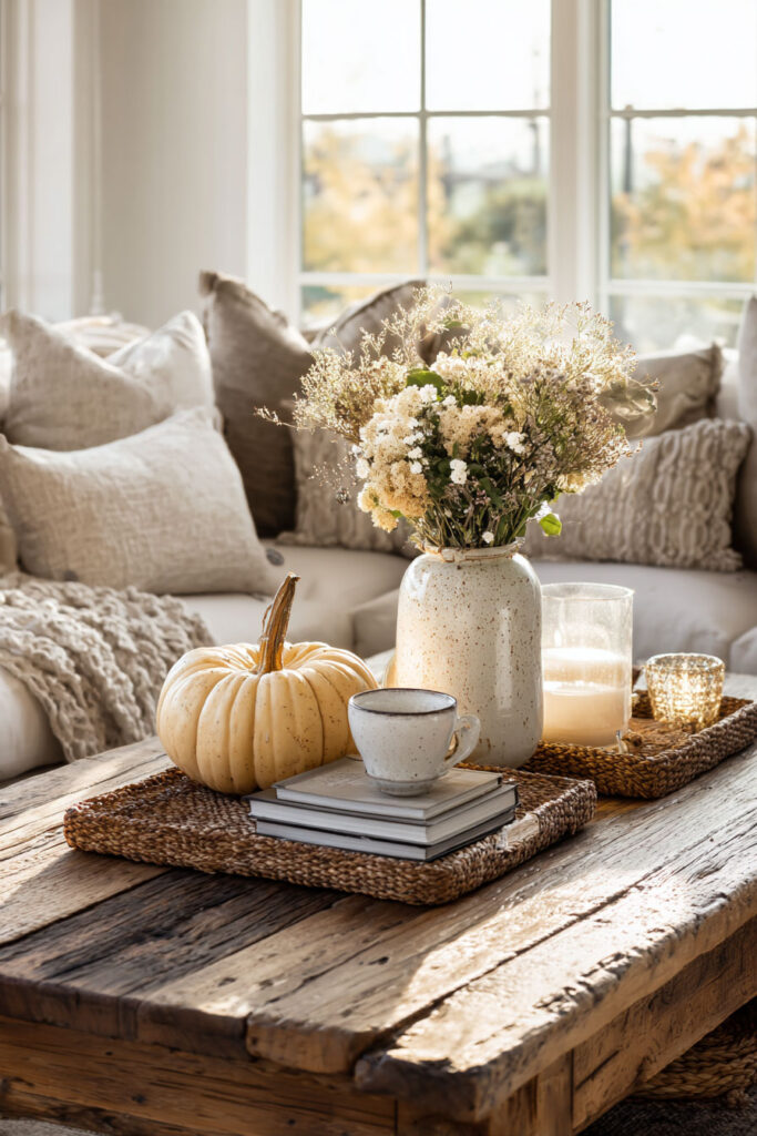Neutral fall living room coffee table styled with a cream pumpkin, ceramic vase filled with dried and fresh flowers, woven trays, stacked books, candles, and a ceramic mug, set against a beige sofa layered with textured pillows and throws.