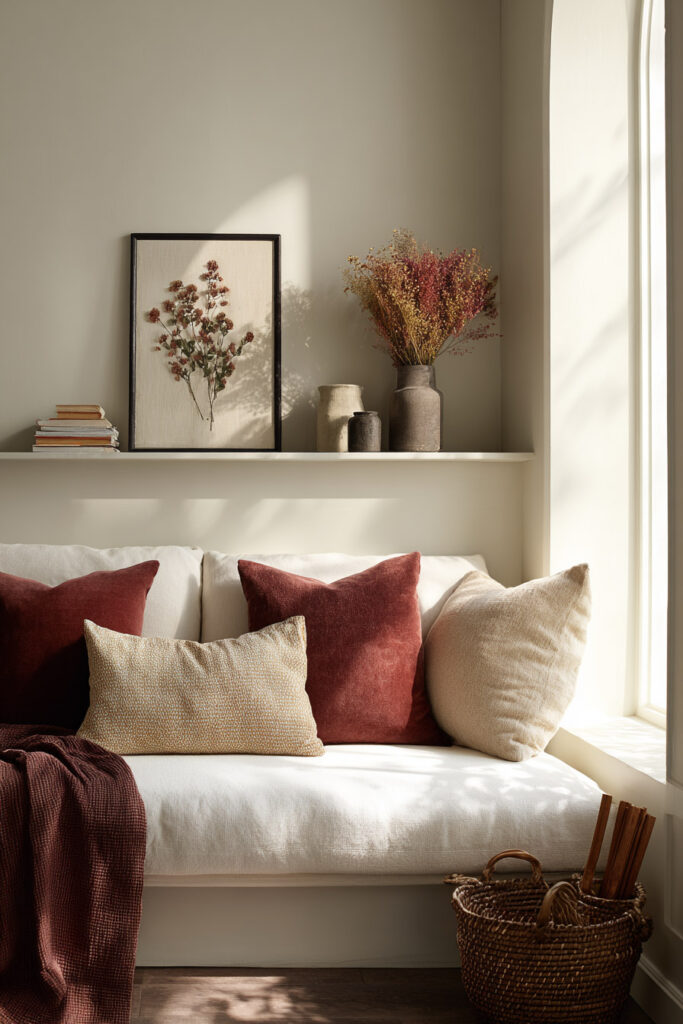 Fall living room idea featuring a white sofa with burgundy and cream pillows, a shelf decorated with dried flowers in ceramic vases, and a woven basket of cinnamon sticks by the window.
