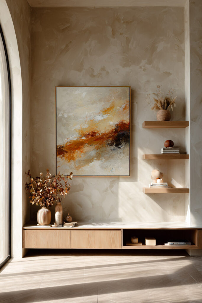 Minimal fall living room with a large abstract painting in warm orange and cream tones, floating wooden shelves styled with seasonal vases, books, and organic decor, next to a tall vase with autumn branches.