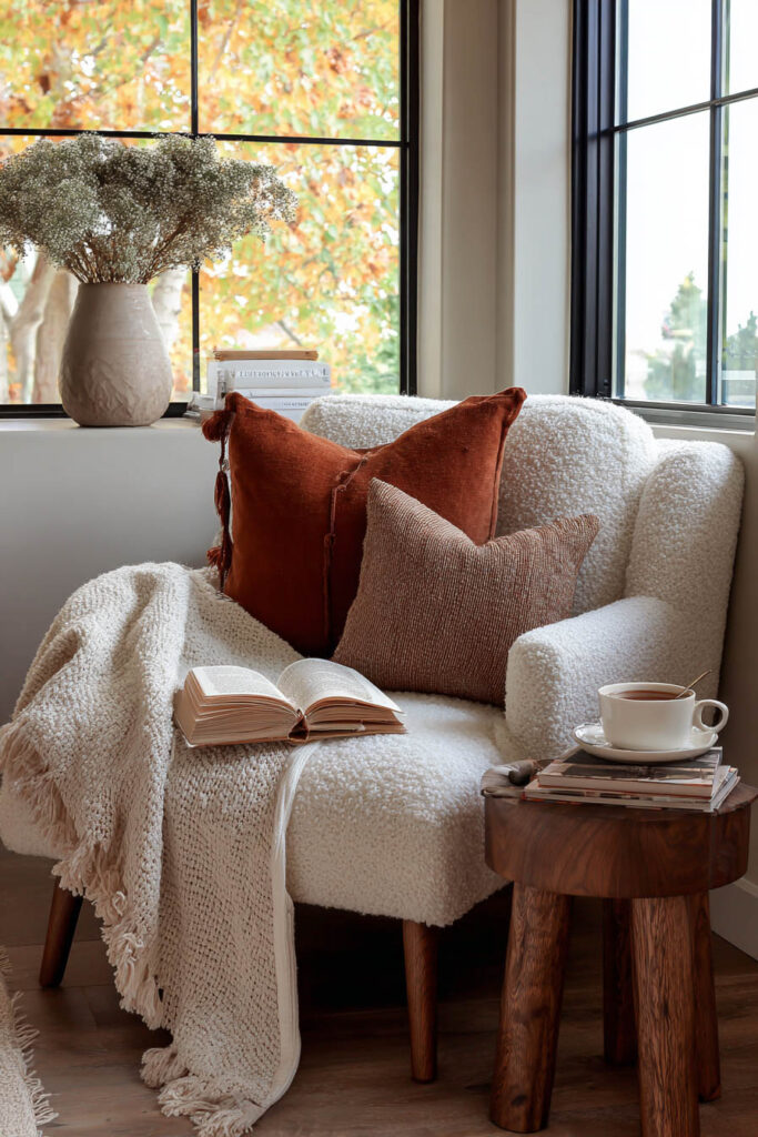 Cozy fall reading nook featuring a cream boucle armchair with rust and brown accent pillows, draped with a soft fringed throw blanket, open book on the seat, wooden side table with tea and stacked books, and autumn foliage visible through black-framed windows.